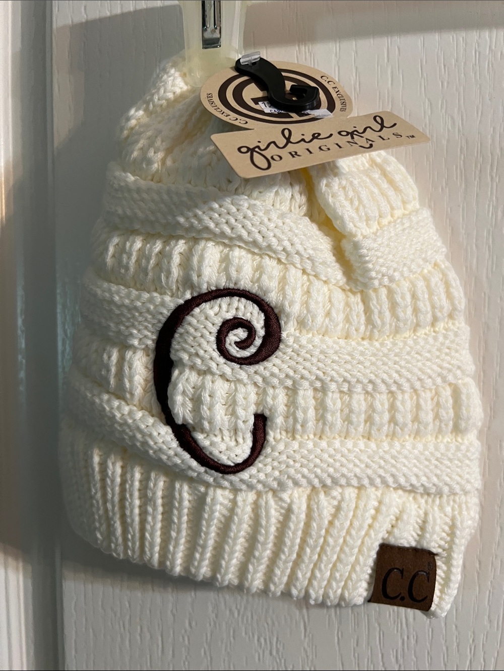 C.C Cream Cable Knit Beanie with Chocolate 'C' Embroidery